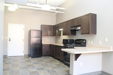 A kitchen with a black refrigerator and stove.