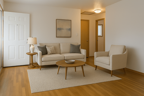 A living room with a couch, chair, and coffee table.