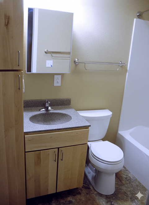 A bathroom with a toilet, sink, and bathtub.