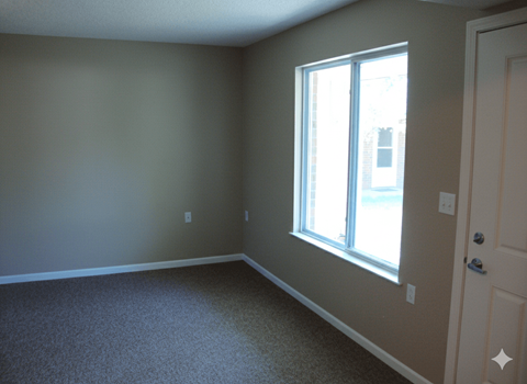 A room with a carpeted floor and a window letting in sunlight.