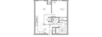 A floor plan of a home with a living room, bedroom, kitchen, pantry, and laundry area.