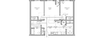 A floor plan of a house with two bedrooms, a living room, a kitchen, a pantry, a laundry room, a bathroom, a coat closet, and a linen closet.