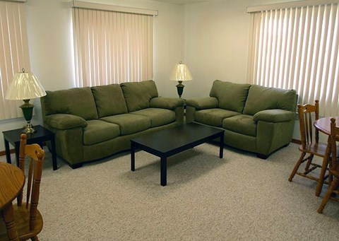 A living room with a green couch and a coffee table.