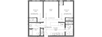 A floor plan of a house with three bedrooms, a living room, a bathroom, a kitchen/dining area, and a laundry room.