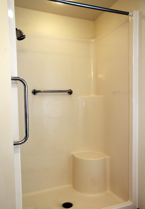 A white shower stall with a black grab bar.