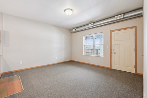 A room with a window, a door, and a carpeted floor.