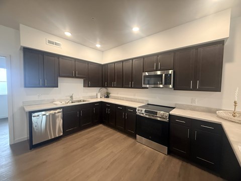 A modern kitchen with dark brown cabinets and stainless steel appliances.