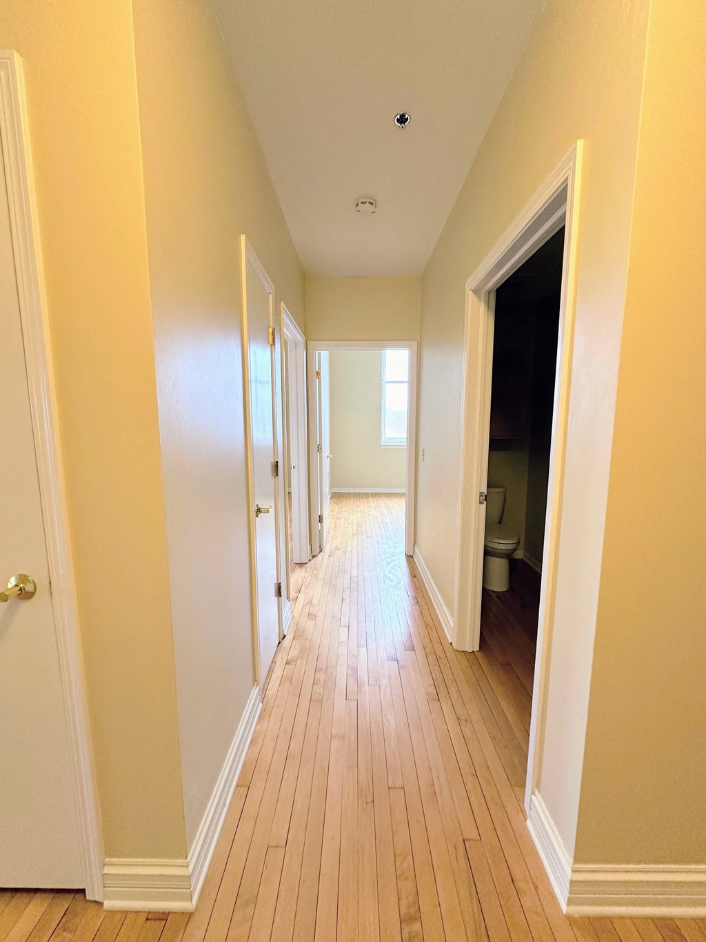 a hallway with a wood floor and a door to a bathroom
