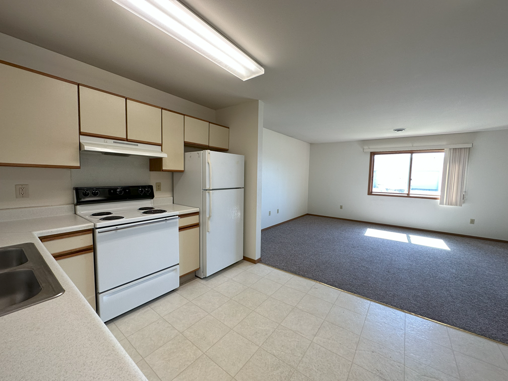 a kitchen and living room in an apartment