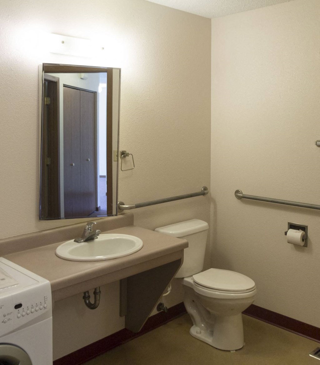 a bathroom with a sink toilet and a mirror and a washing machine