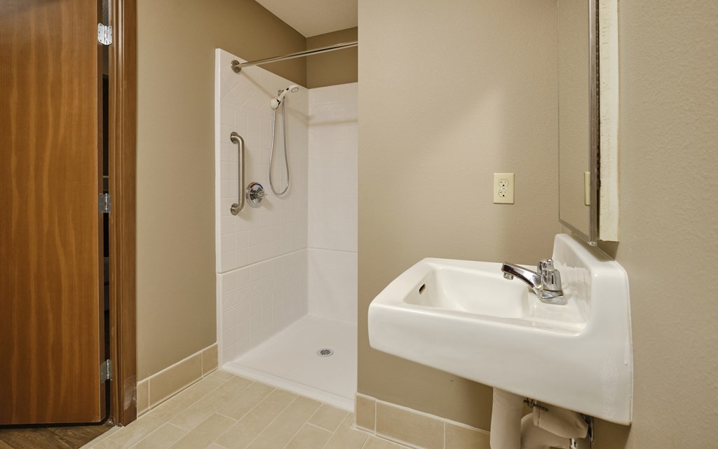 a bathroom with a sink and a shower