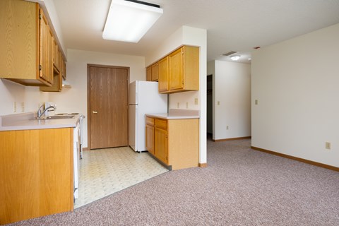A kitchen with wooden cabinets and a white refrigerator.
