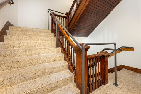 A staircase with a wooden handrail and beige carpeted steps.