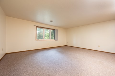 Empty room with a window and carpeted floor.