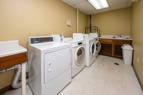 A row of washing machines in a laundry room.