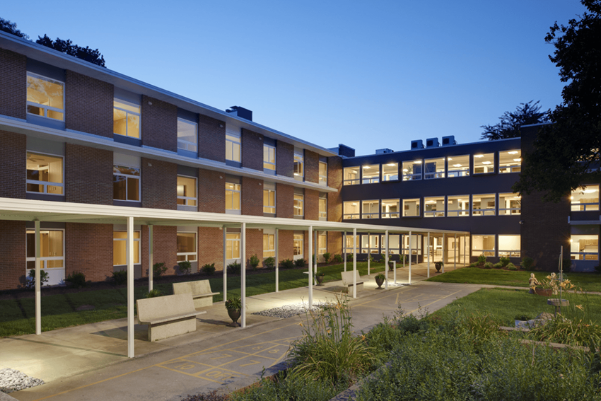 a view of the courtyard at night