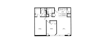 a floor plan of a 1 bedroom floor plan with a bathroom and a living room  at The Cosmopolitan, St Paul, MN, 55101