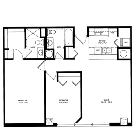 a floor plan of a 1 bedroom floor plan with a bathroom and a living room  at The Cosmopolitan, St Paul, MN, 55101