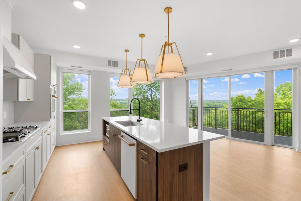 A modern kitchen with a large island and a view of the trees outside.
