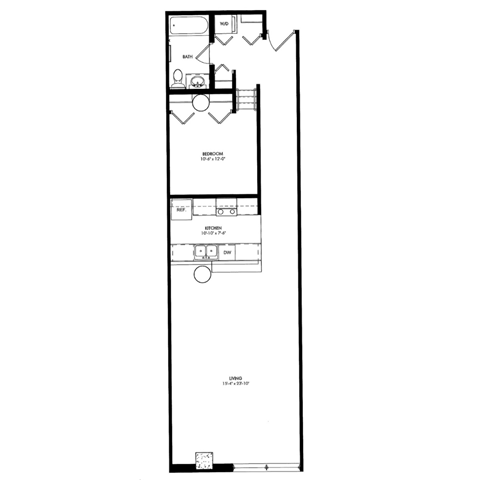 a floor plan of a small house with a bedroom and a living room  at The Cosmopolitan, St Paul, Minnesota