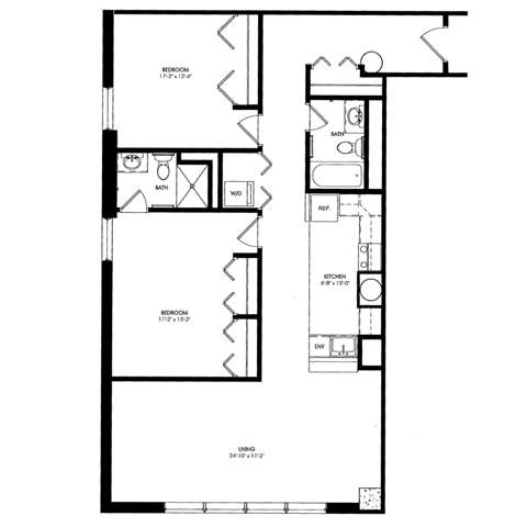 a floor plan of a 1 bedroom floor plan with a bathroom and a living room  at The Cosmopolitan, St Paul