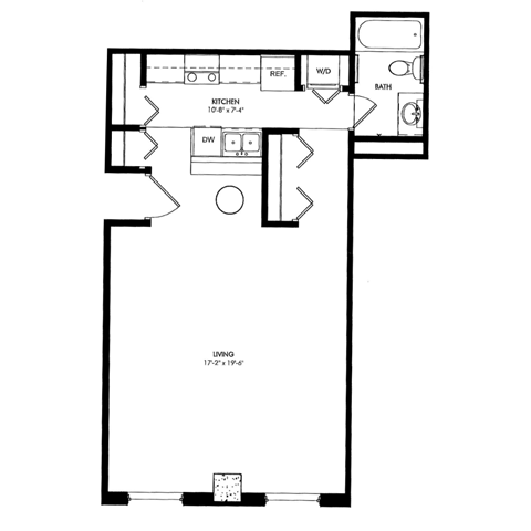 a floor plan of a small house with a bedroom and a living room  at The Cosmopolitan, St Paul, MN, 55101