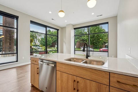 A modern kitchen with a stainless steel dishwasher and wooden cabinets.