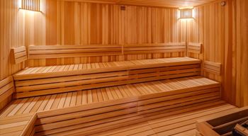 a wood sauna with two benches in it at Expo, Minneapolis Minnesota