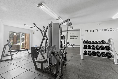 Fitness center with weight lifting equipment and cardio equipment at Cityscape, St Louis Park, MN, 55416