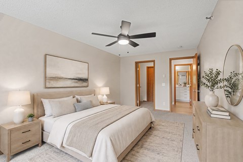 Bedroom in a newly renovated apartment home at Park Pointe Apartments in St. Louis Park, MN 55426