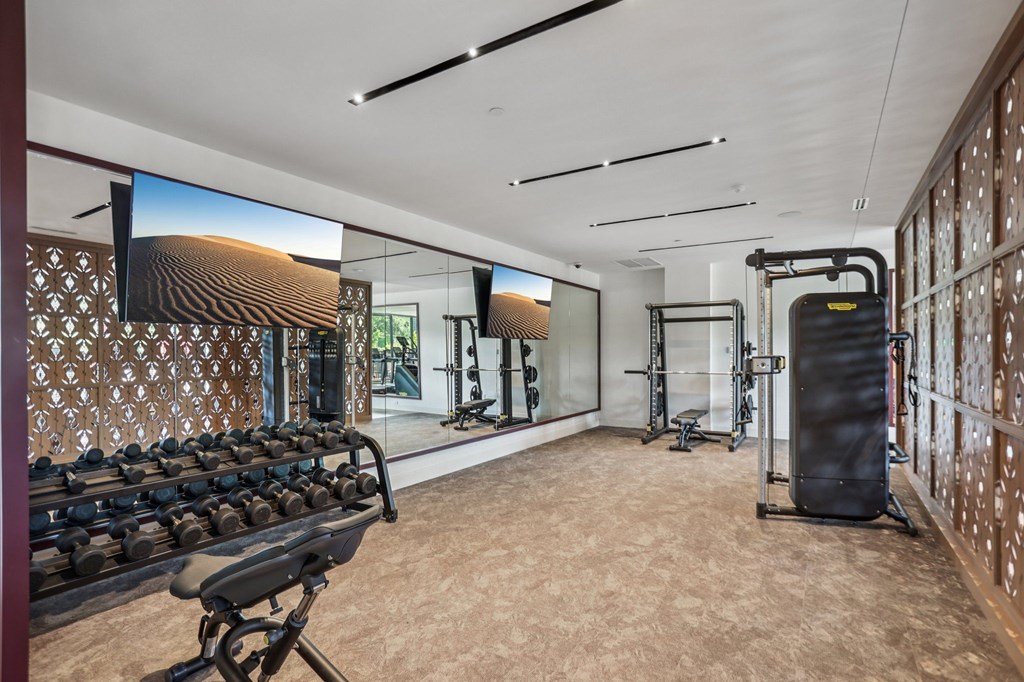 The resort-style fitness center with cardio and weight-lifting equipment at The Mera in St. Louis Park, 55426