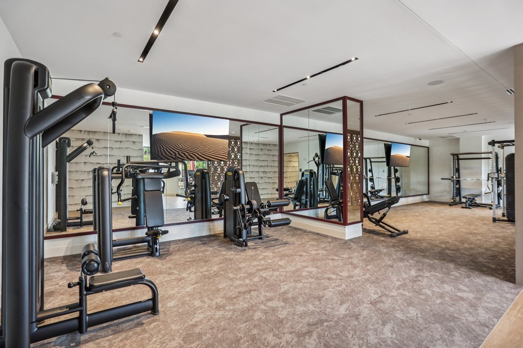 The resort-style fitness center with cardio and weight-lifting equipment at The Mera in St. Louis Park, 55426