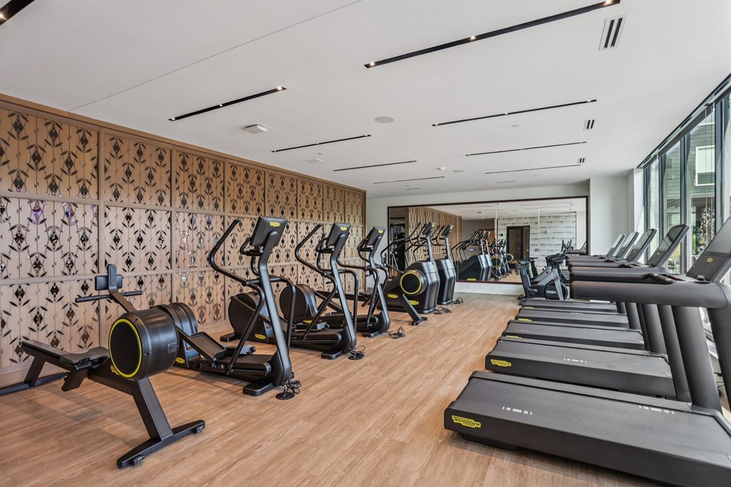 The resort-style fitness center with cardio and weight-lifting equipment at The Mera in St. Louis Park, 55426