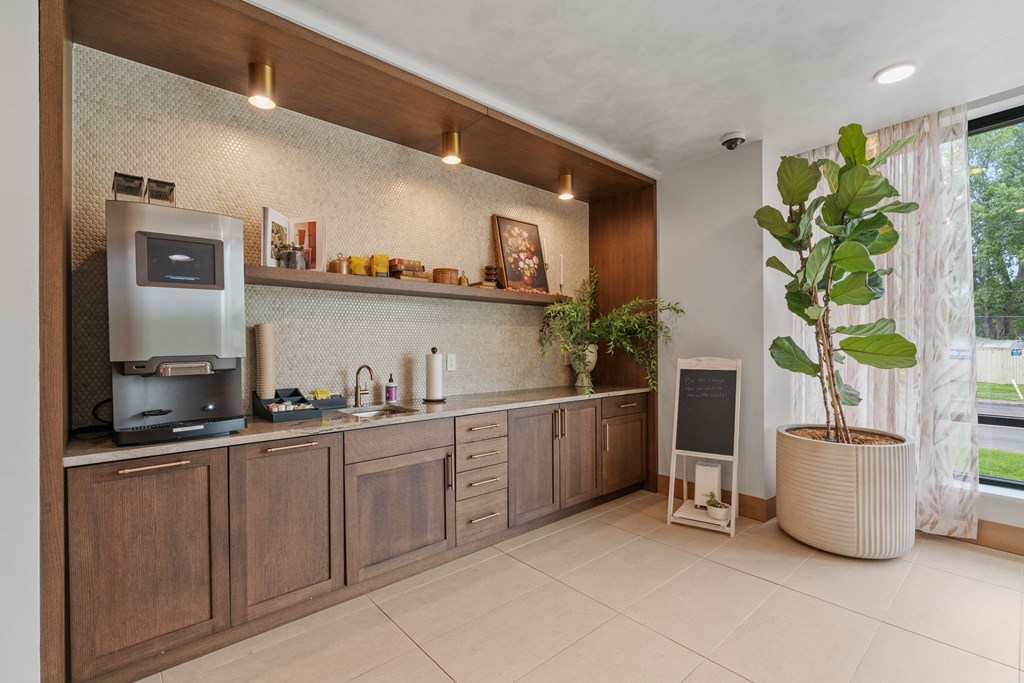 The free coffee bar in the lobby at Lilia in Lilydale, MN 55118