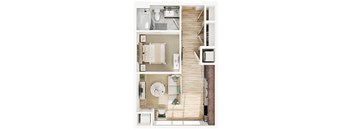 an overhead view of a bedroom with a bathroom and a living room at The Mera, St Louis Park, MN 55426