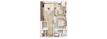 a stylized floor plan of a bedroom with a bathroom and a living room at The Mera, St Louis Park Minnesota