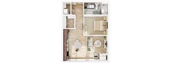 an overhead view of a bedroom with a bathroom and a living room at The Mera, Minnesota