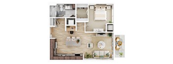 a floor plan of a house with furniture and a living room at The Mera, St Louis Park, 55426