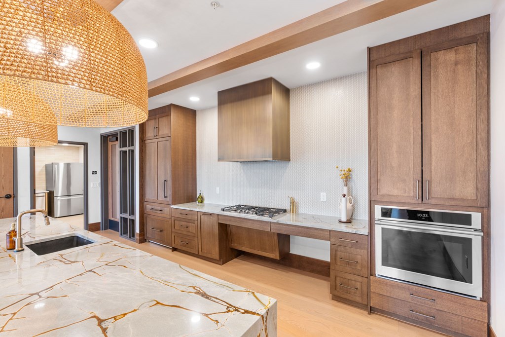 The oversized kitchen in the Private Dining Room, a reservable community room at Lilia in Lilydale, MN 55118
