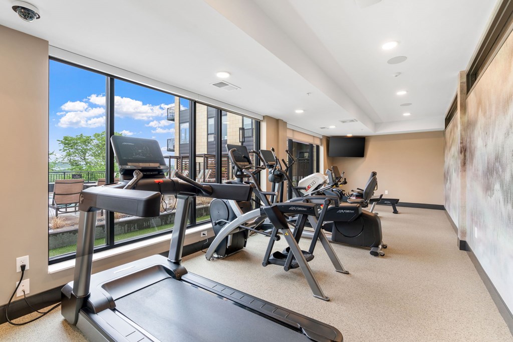 The resort-style luxury 24-hour fitness center at Lilia in Lilydale, MN 55118, with cardio equipment, free weights, and exercise machines.