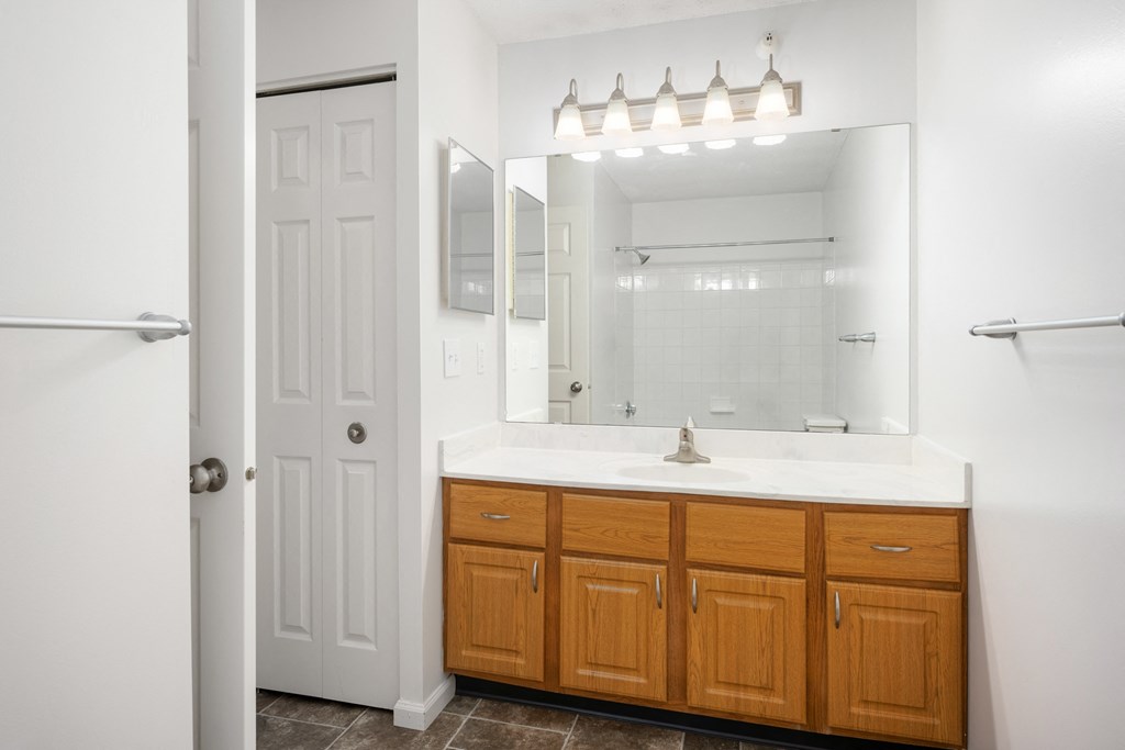 a bathroom with a sink and a mirror and a shower at Cityscape, St Louis Park, MN, 55416