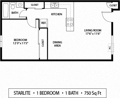 1  Bed   1  Bath 700 Sq. Ft. | COMET Floorplan at Northeast Villas, Fridley, MN, 55421