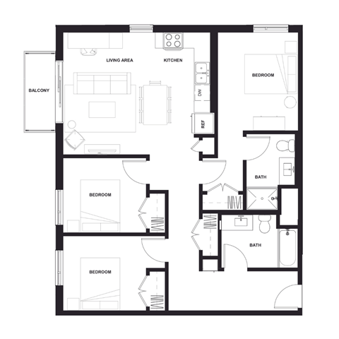 3 Bed 2 Bath Floor Plan at Zelia on Seven, St Louis Park, Minnesota