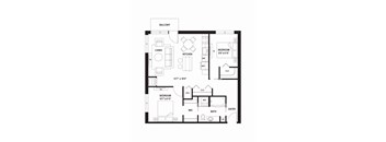 A black and white floor plan of a small apartment with a living room, kitchen, and two bedrooms.