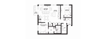 A black and white floor plan of a house with a living room, kitchen, bedrooms and bathrooms.