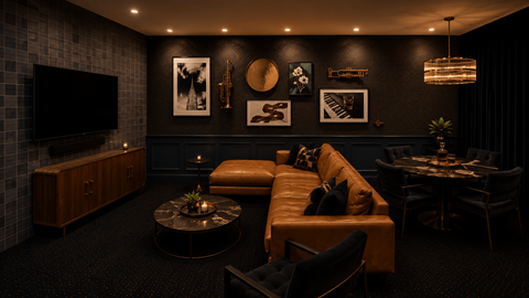 A living room with a leather couch, a coffee table, and a television.