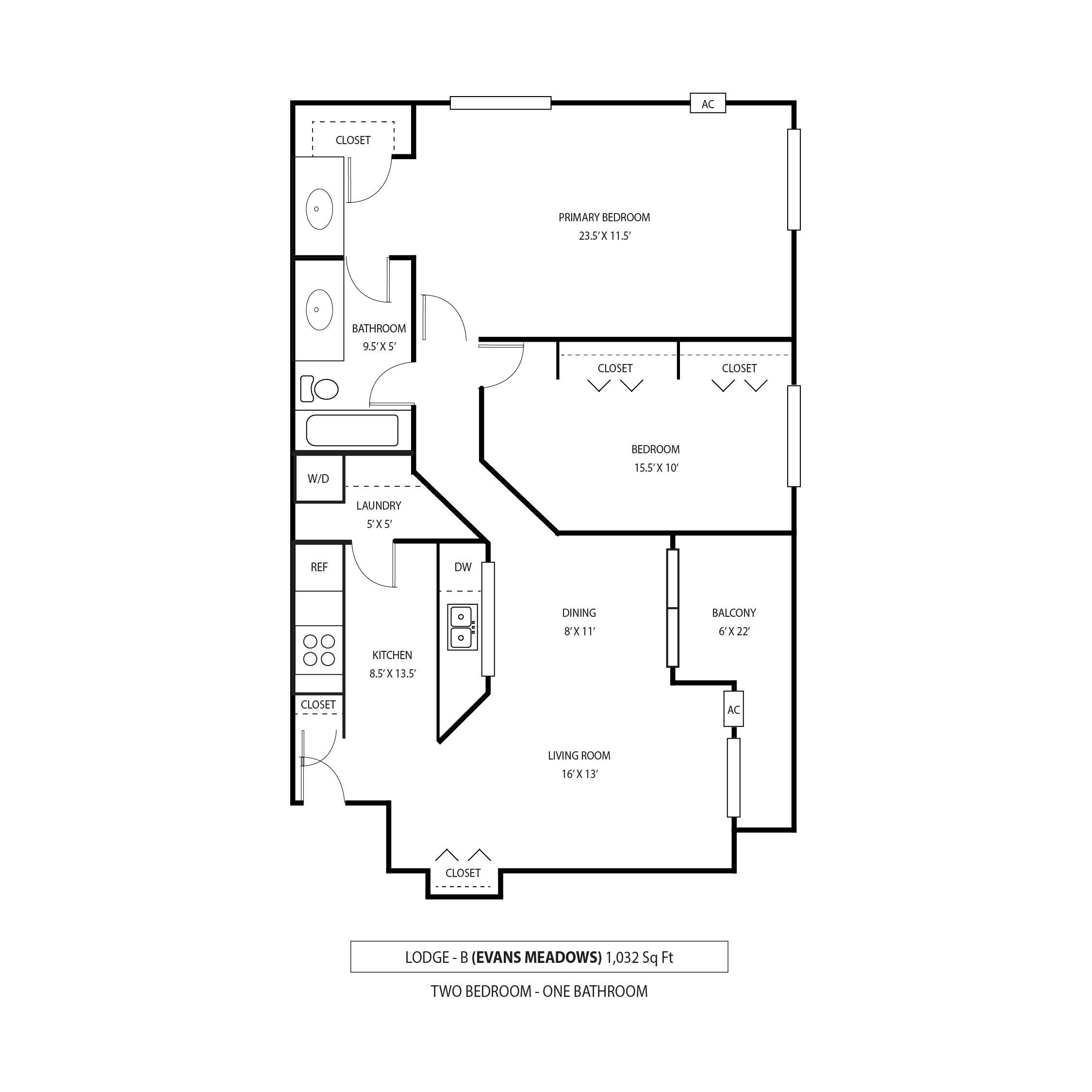 A drawing of a two bedroom apartment with a living room, bathroom, kitchen, and laundry room.