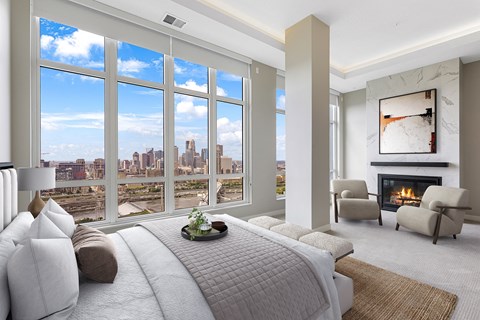 a bedroom with a bed and a view of a city at Expo, Minnesota