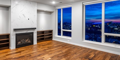 a living room with a fireplace and large windows at Expo, Minnesota, 55414