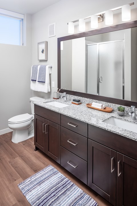 a bathroom with a sink and a mirror and a toilet at Expo, Minnesota, 55414